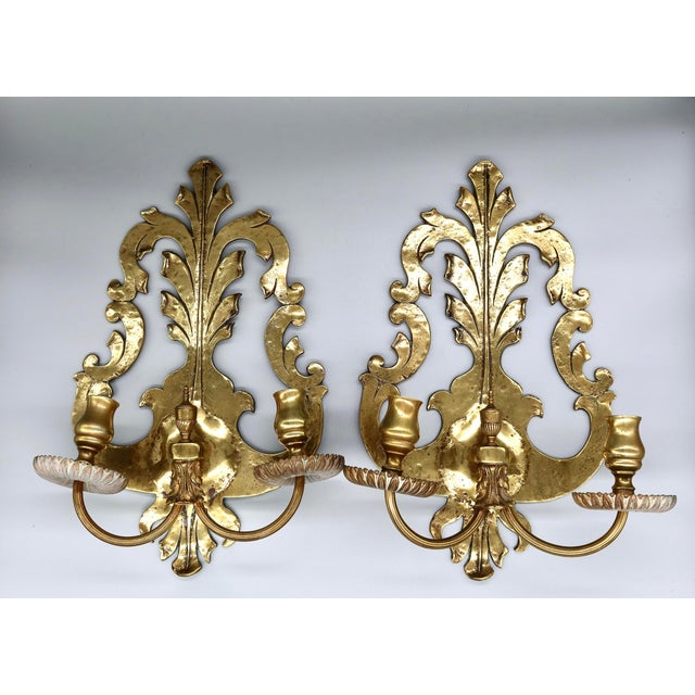 Pair of Solid Brass Two-Arm Rococo Revival Candle Wall Sconces With Acanthus Leaf Backplate, Early 20th Century For Sale - Image 15 of 15