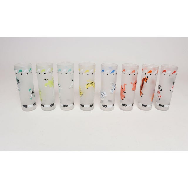 Set of Eight Vintage Frosted Glasses With Animal Carousel Motif by Libbey With Carrier For Sale In New York - Image 6 of 18