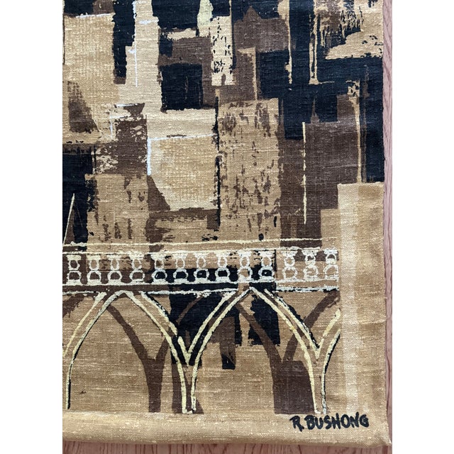 Mid-Century Modern Robert Bushong Tom Tru MCM Linen City Skyline Wall Hanging 40" X 57" For Sale - Image 3 of 3