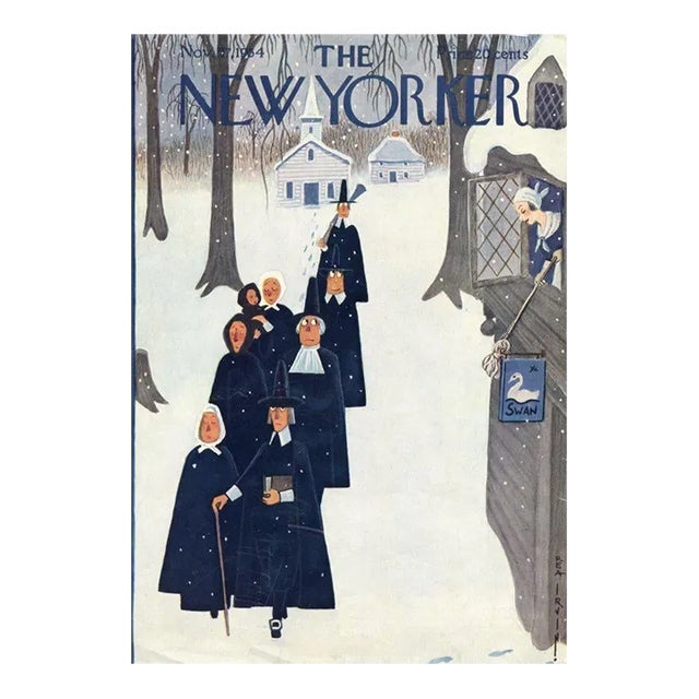1954 Vintage New Yorker Cover, November 27 (Rea Irvin), Original New Yorker Magazine Cover, Thanksgiving, Pilgrims For Sale