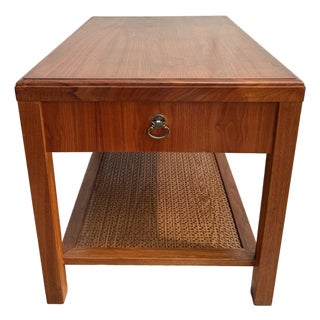 1960s Walnut-Toned Side Table With Geometric Openwork Shelf For Sale