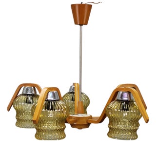 Mid-Century Modern Czech Wood and Glass Chandelier, 1970s For Sale