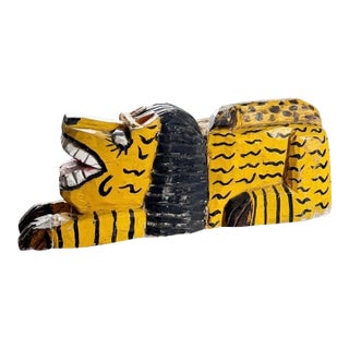 Painted Folk Art Lion Sculpture, Canary Yellow, Signed, Artist-Made, Circa 1970s For Sale