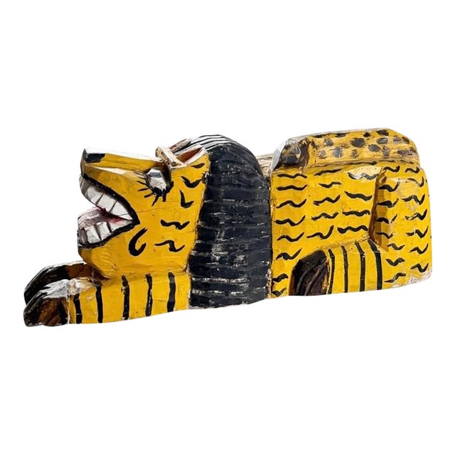 Painted Folk Art Lion Sculpture, Canary Yellow, Signed, Artist-Made, Circa 1970s For Sale
