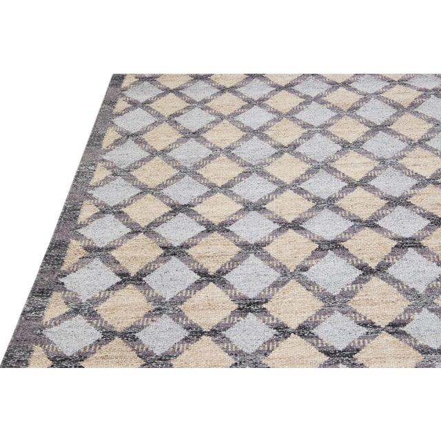 Modern Swedish Style Gray and Beige Handmade Geometric Wool Rug For Sale In New York - Image 6 of 11