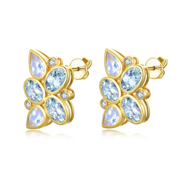 Nina Zhou Aquamarine Moonstone Diamond Cluster Earrings in 14k Yellow Gold - a Pair For Sale - Image 11 of 11