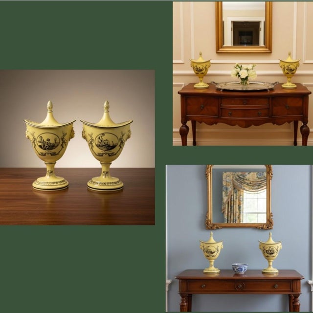 Vintage Mottahedeh Creil Style Chestnut Urns Pair-Yellow Black-Italy-Neoclassic For Sale - Image 10 of 11