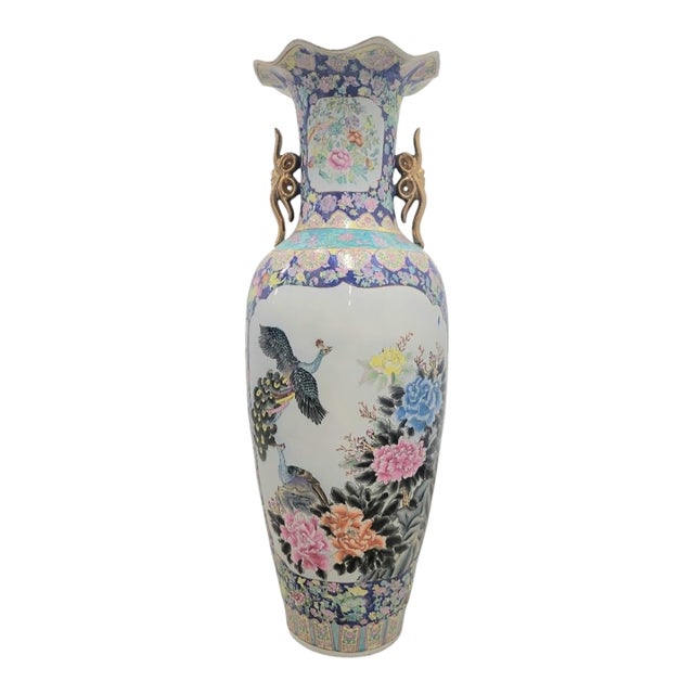 Monumental Palace Sized Porcelain Vintage Chinoiserie Famille Rose Giant Floor Vase Room Decor For Sale