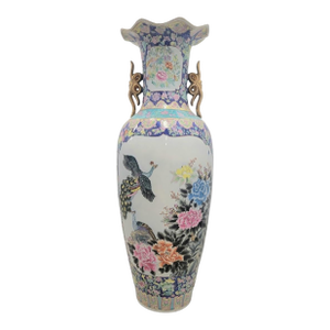Monumental Palace Sized Porcelain Vintage Chinoiserie Famille Rose Giant Floor Vase Room Decor