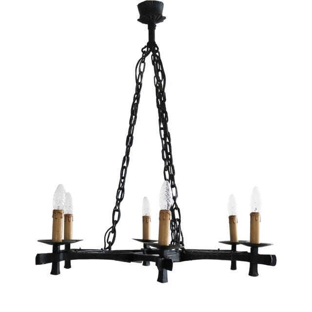 Large Brutalist Handcrafted Wrought Iron Chandelier, 1960s For Sale