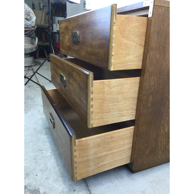 Mid Century Campaign Style Three Drawer Dresser With Brass Hardware For Sale - Image 11 of 12