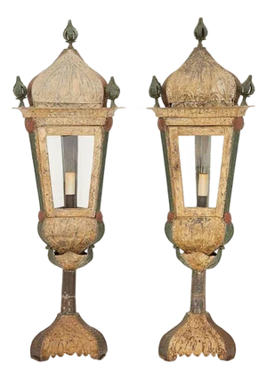 Mid 20th Century Pair of Italian Painted Metal Standing Lanterns