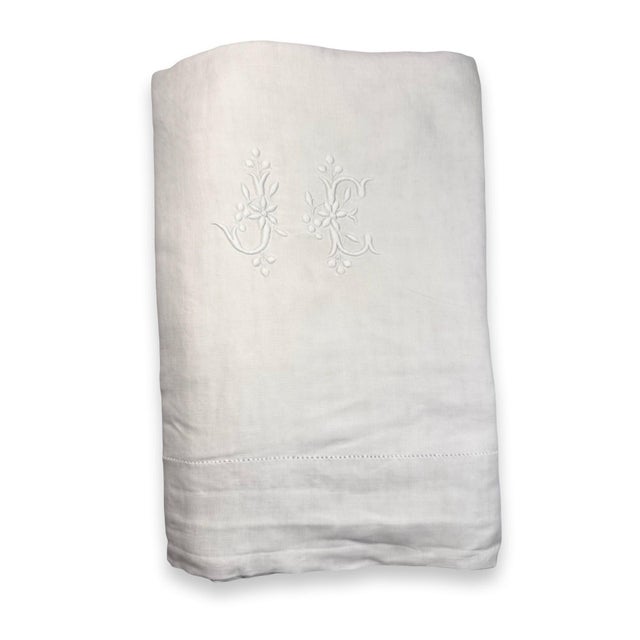 Antique French Linen Sheet, Jc Floral Monogram, Hand Embroidered Fine Linen, Circa 1900 For Sale - Image 10 of 11