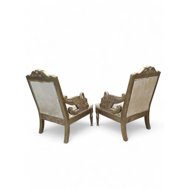 Vintage Neoclassical Empire Swan Arm Giltwood Lounge Chairs Newly Reupholstered - Pair For Sale - Image 4 of 8