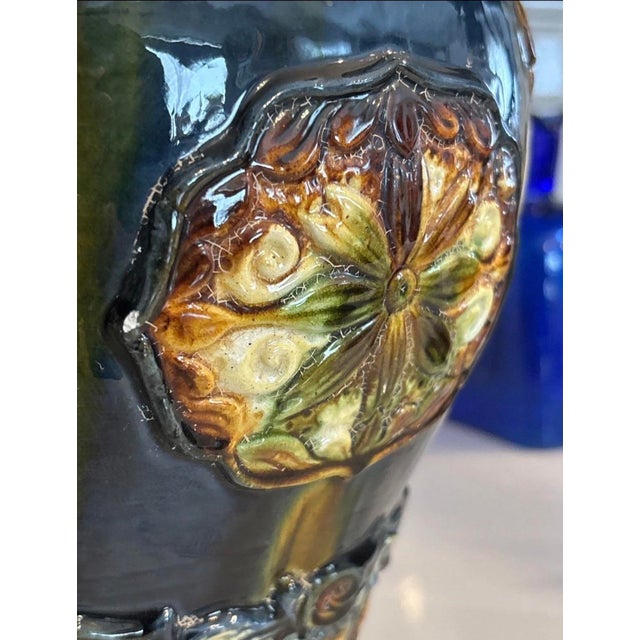 Antique Cobalt Blue Sancai Glaze Style Urn 1970’s Reproduction Vase Majolica Pottery 11" High X 10" For Sale - Image 4 of 12