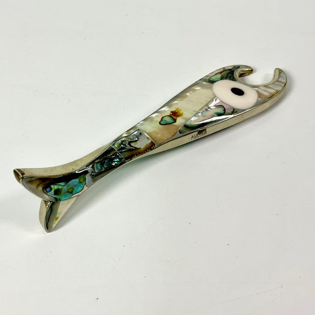 Celadon 1970s Vintage Coastal Boho Chic Alpaca Mexico Sterling Silver & Abalone Shell Bottle Opener. For Sale - Image 8 of 12