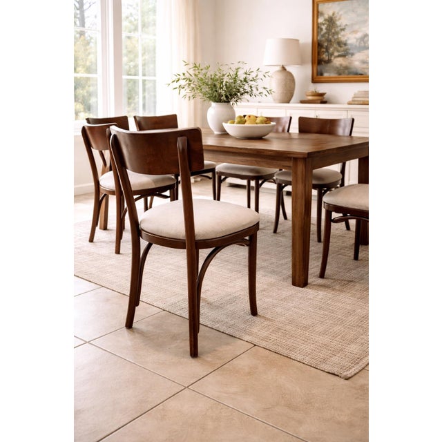Late 20th Century Late 20th Century Set of Six Mid-Century Modern Solid Wood Dining Chairs With New Neutral Upholstery For Sale - Image 5 of 7
