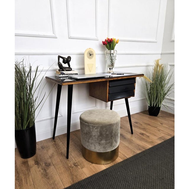 Beautiful Italian Art Deco Mid-Century Modern desk writing table, in wooden structure, with black glass top, elegant legs...