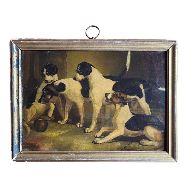 Small Scale 19th Century English Oil Painting on Wood Panel of Foxhounds or Hunting Dogs For Sale