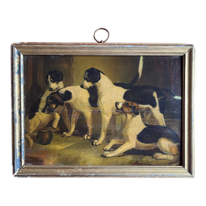 Small Scale 19th Century English Oil Painting on Wood Panel of Foxhounds or Hunting Dogs