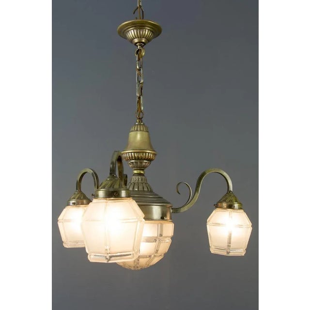 Art Deco French Brass & Frosted Glass 4-Light Chandelier, 1920s For Sale - Image 3 of 18