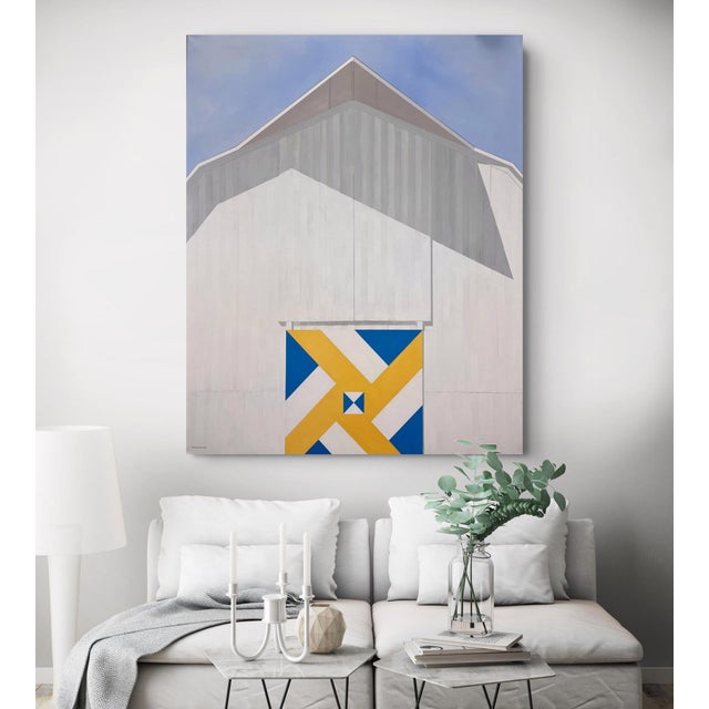 2020s Sunrise by Justin Wheatley | Acrylic on Canvas White Barn With Yellow and Blue Quilt Block For Sale - Image 5 of 8
