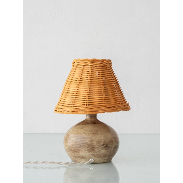 20th Century Modern French Studio Pottery Stoneware Table Lamp with Rattan Shade, 1950s For Sale - Image 4 of 15