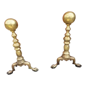 Pair of Early 20th C. George III Style Solid Brass Canon Ball Andirons