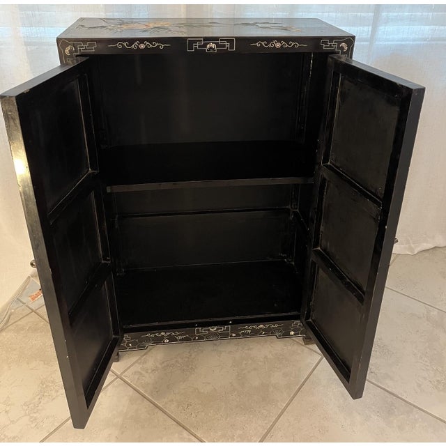 Mid-Century Chinese Black Lacquer Cabinet With Mother of Pearl Inlays For Sale - Image 14 of 17