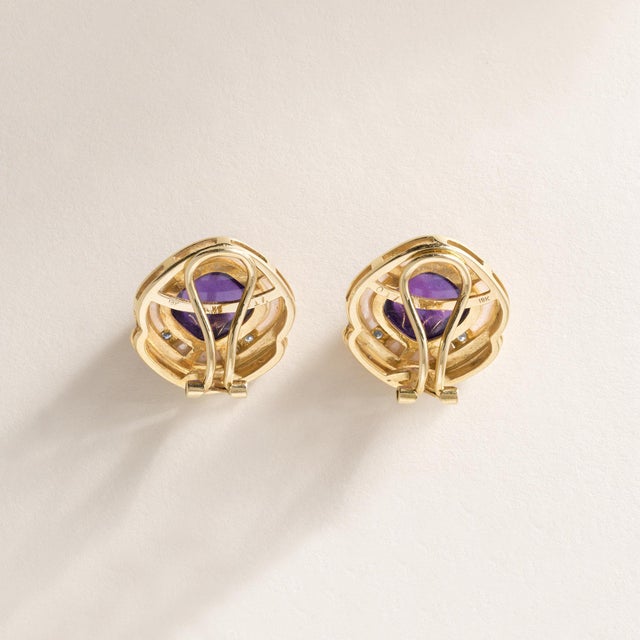 Modern Vintage 18k Gold Amethyst Diamond and Mother of Pearl Earrings, A Pair For Sale - Image 3 of 5
