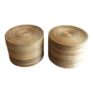 Vintage Boho Chic Pencil Reed Drum Tables - a Pair For Sale