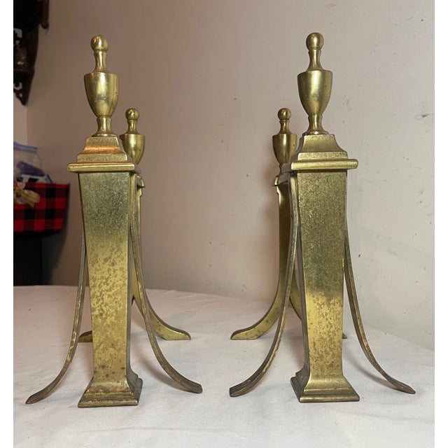 Victorian Pair of 2 Antique 19th Century Victorian Brass Fireplace Andirons Fire Dogs Rest For Sale - Image 3 of 10