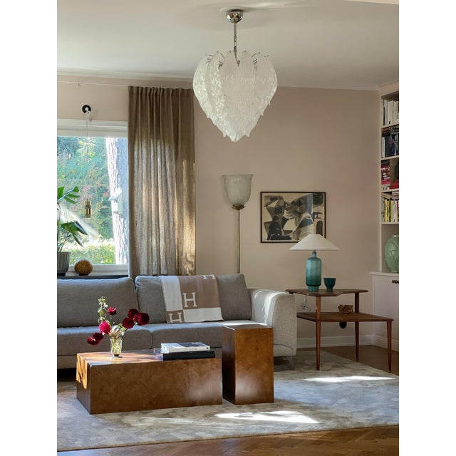 Italian murano glass chandelier in the form of a tulip, made by 41 hand blown frosted curved glass petals on a chrome...