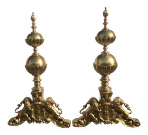 English Style Brass Lion Andirons - a Pair