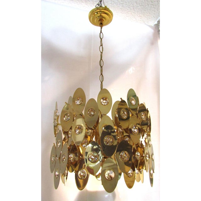 Mid-Century Modern 1970s Rare Gold Plated Brass Austrian Crystal Chandelier Attributed to Palwa For Sale - Image 3 of 16