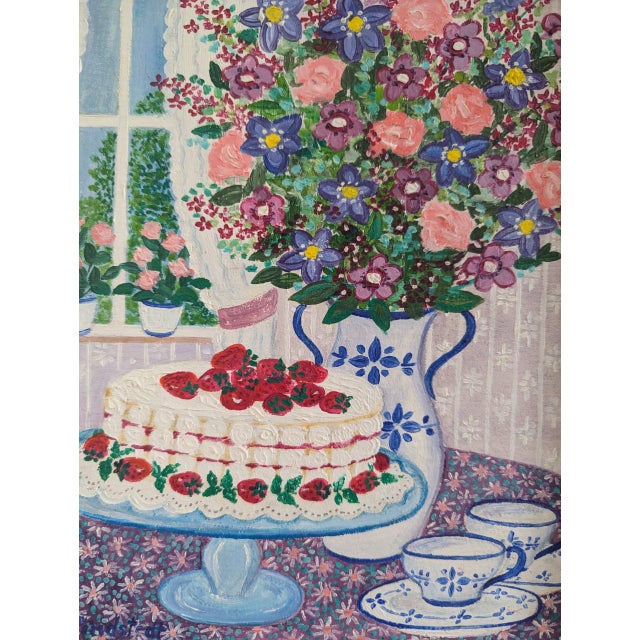 Pink 1991 'Cake & Blooms' Vintage Original Still Life Interior Oil Painting, Framed For Sale - Image 8 of 9
