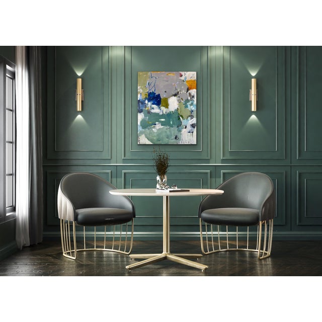 Lots of texture! Acrylic, gouache, charcoal, and ink on gallery wrapped canvas. Satin polymer varnish finish for UV...