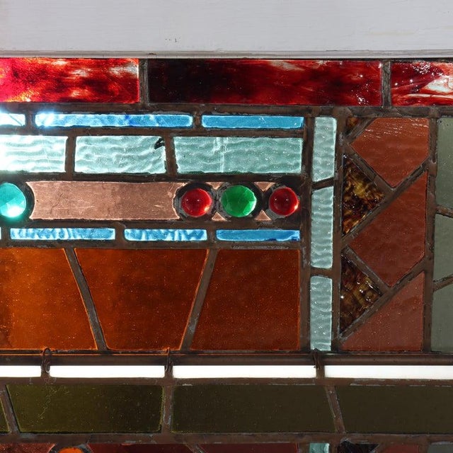 Antique Aesthetic Stained & Jeweled Leaded Glass Window With Stylized Globe For Sale - Image 9 of 16