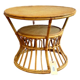 Vintage Round Bamboo and Rattan Side Table For Sale