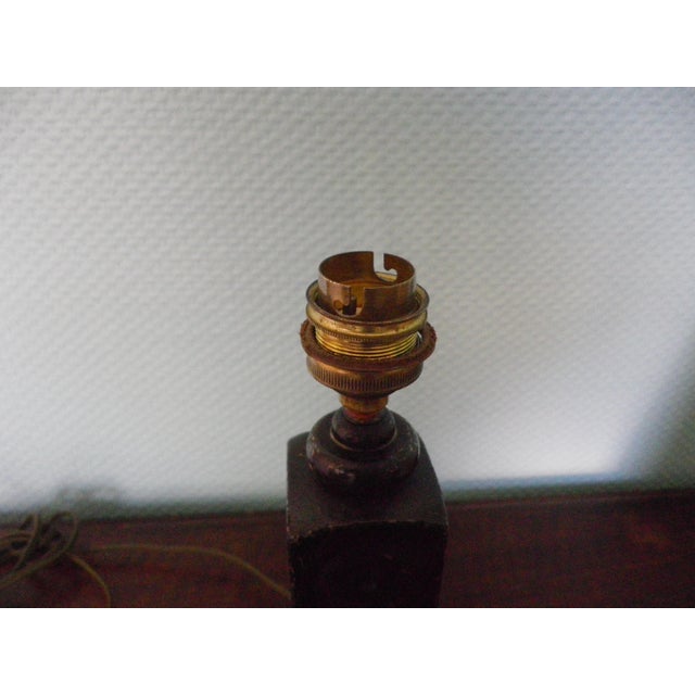 Wooden Table Lamp with Geometric Decor and Fabric Lampshade, France, 1970s For Sale - Image 15 of 18