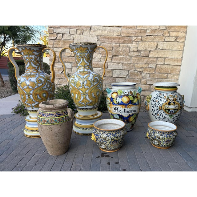 Stunning, coordinated collection of large Mediterranean ceramic and terracotta garden urns. Featuring traditional Italian...