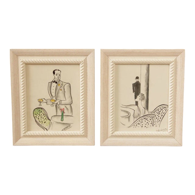 Vintage Art Deco Style Cafe Illustration, Signed - A Pair For Sale