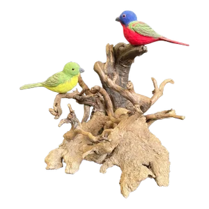 Vintage Wood Carving Sculpture of Two Painted Bunting Birds on Driftwood Branch
