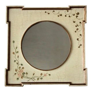 Vintage French Country-Style Wall Mirror Hand-Painted Floral Design Crackled Cream Frame Details For Sale