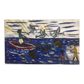 Doliver Morain (1959-), Folk Art Fishing Painting on Canvas, Large Size, Signed & Dated For Sale
