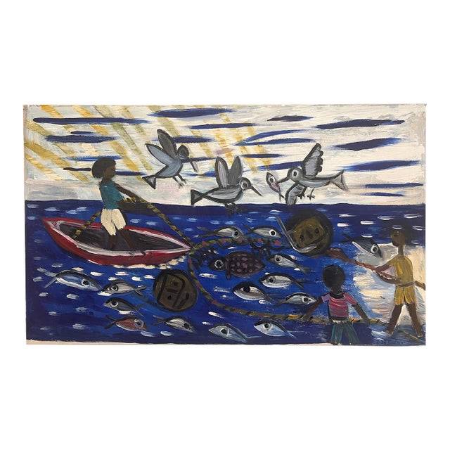 Doliver Morain (1959-), Folk Art Fishing Painting on Canvas, Large Size, Signed & Dated For Sale