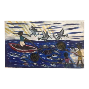 Doliver Morain (1959-), Folk Art Fishing Painting on Canvas, Large Size, Signed & Dated