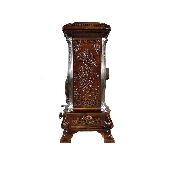 Antique French Art Nouveau Brown Majolica and Enameled Cast Iron Fireplace Tower Stove with Floral Reliefs, 1920s For Sale - Image 3 of 14