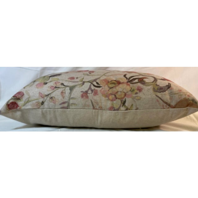 Large Bolster Pillow Decorated With a Delicate Water Color Look Floral Pattern of Soft Pinks, Greens & Oranges - Made in the U K For Sale - Image 9 of 12