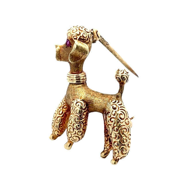Metal 14k Yellow Gold Poodle Brooch With Ruby Eyes For Sale - Image 7 of 10